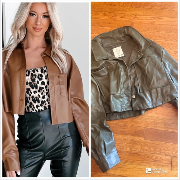 Green Faux Boxy Leather Cropped Women's Jacket - Picture 1 of 4
